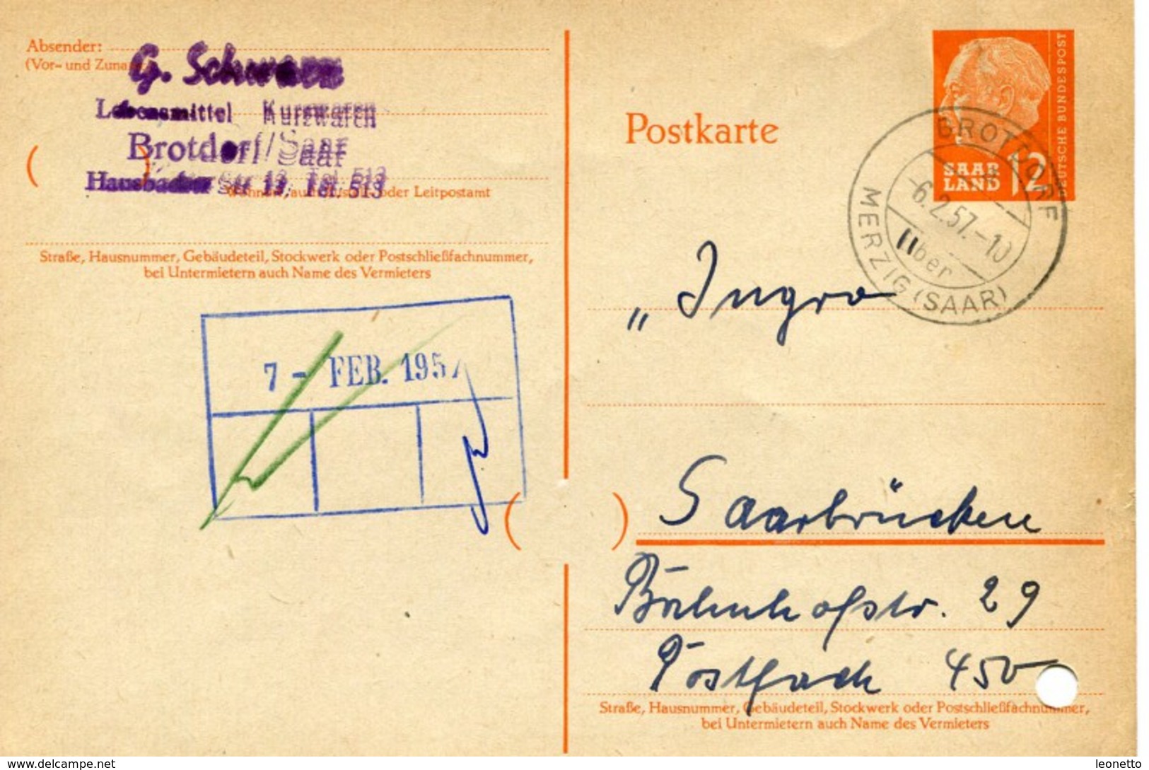 Saarland 1957 Stempel BROTDORF über MERZIG (SAAR) Auf P 43 -> Erhaltung (11-167) - Storia Postale