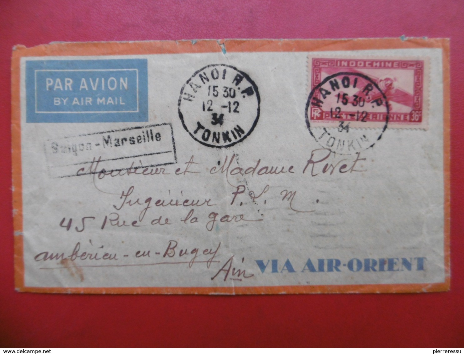 LETTRE TIMBRE INDOCHINE POSTE AERIENNE GRIFFE SAIGON MARSEILLE CACHET HANOI TONKIN 1934 - Lettres & Documents