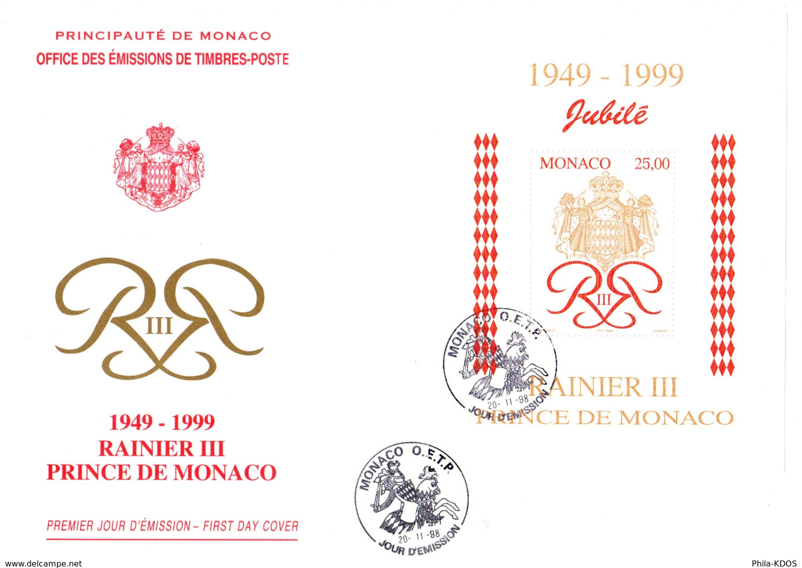 " JUBILE RAINIER III PRINCE DE MONACO " Sur Enveloppe 1er Jour Grand Format De 1999. Parfait état. FDC - FDC