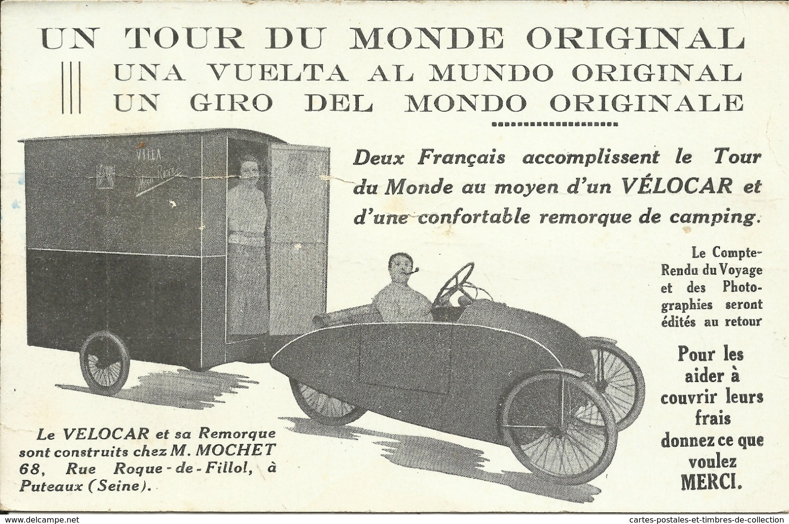 Un Tour Du Monde Original , Le VELOCAR & Sa Remorque Sont Construits Chez M. MOCHET à PUTEAUX - Other & Unclassified