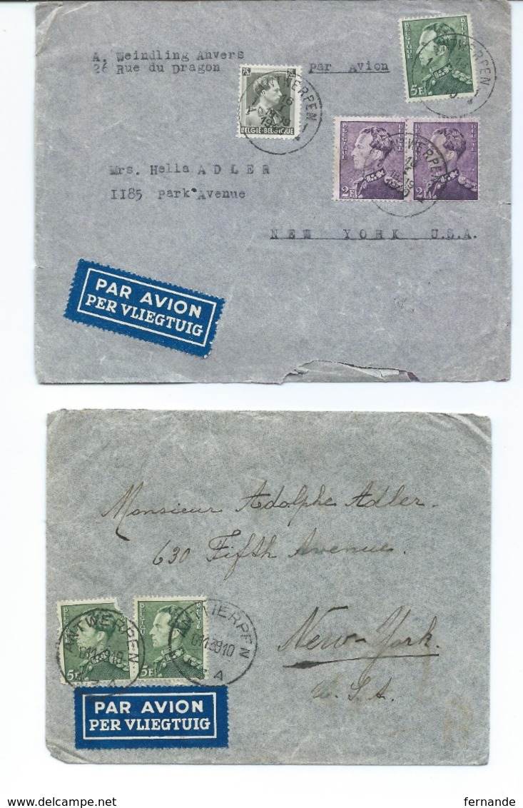 2 Enveloppe Avec Nr 433 5 Fr émission Poortman De 1936 - Anvers - Antwerpen Pour NEW-YORK - 1936-1951 Poortman