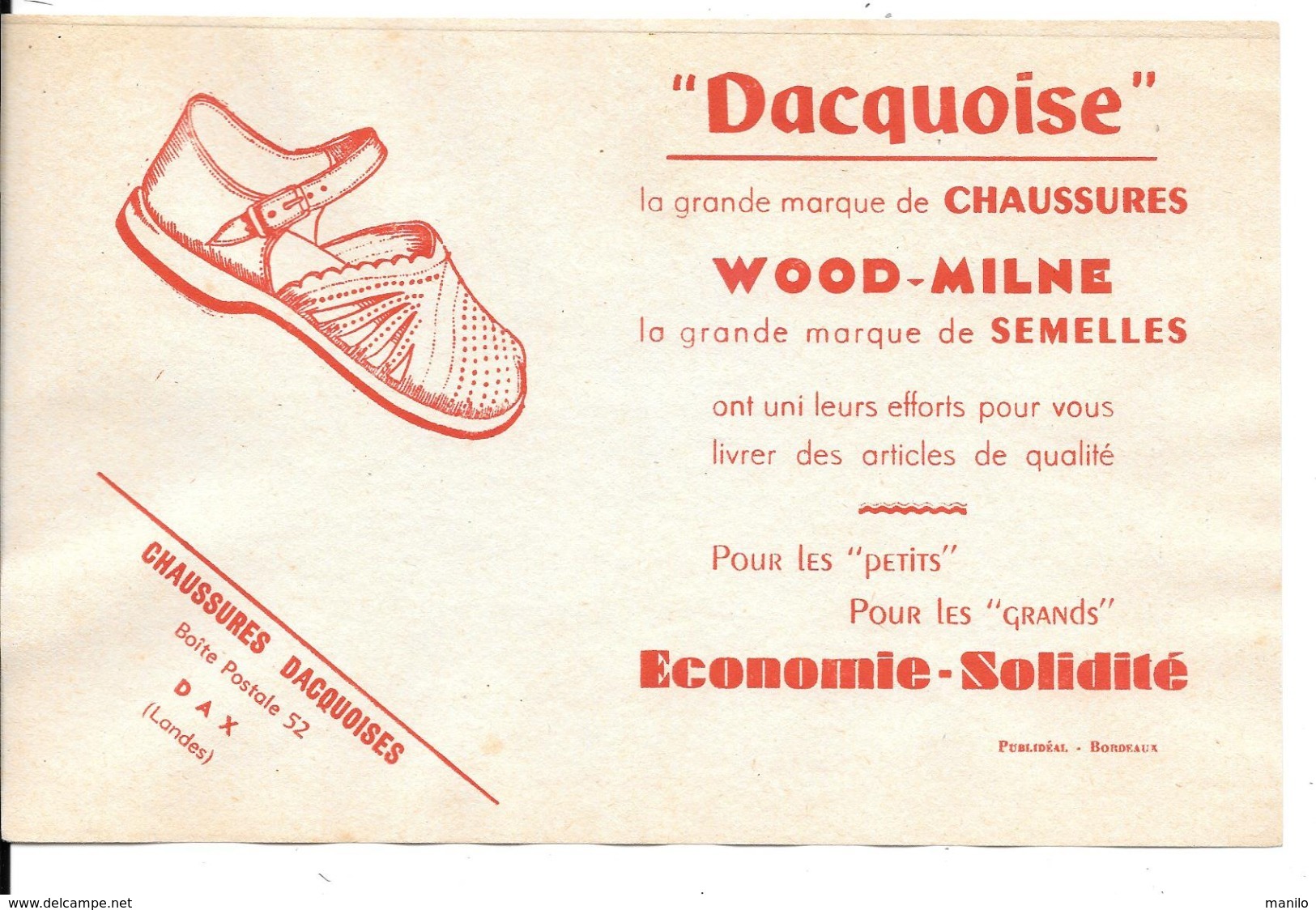 Buvard Années 50 " DACQUOISE"  Maison CHAUSSURES DACQUOISES à DAX (Landes))  Imp PUBLIDEAL Bordeaux - Chaussures