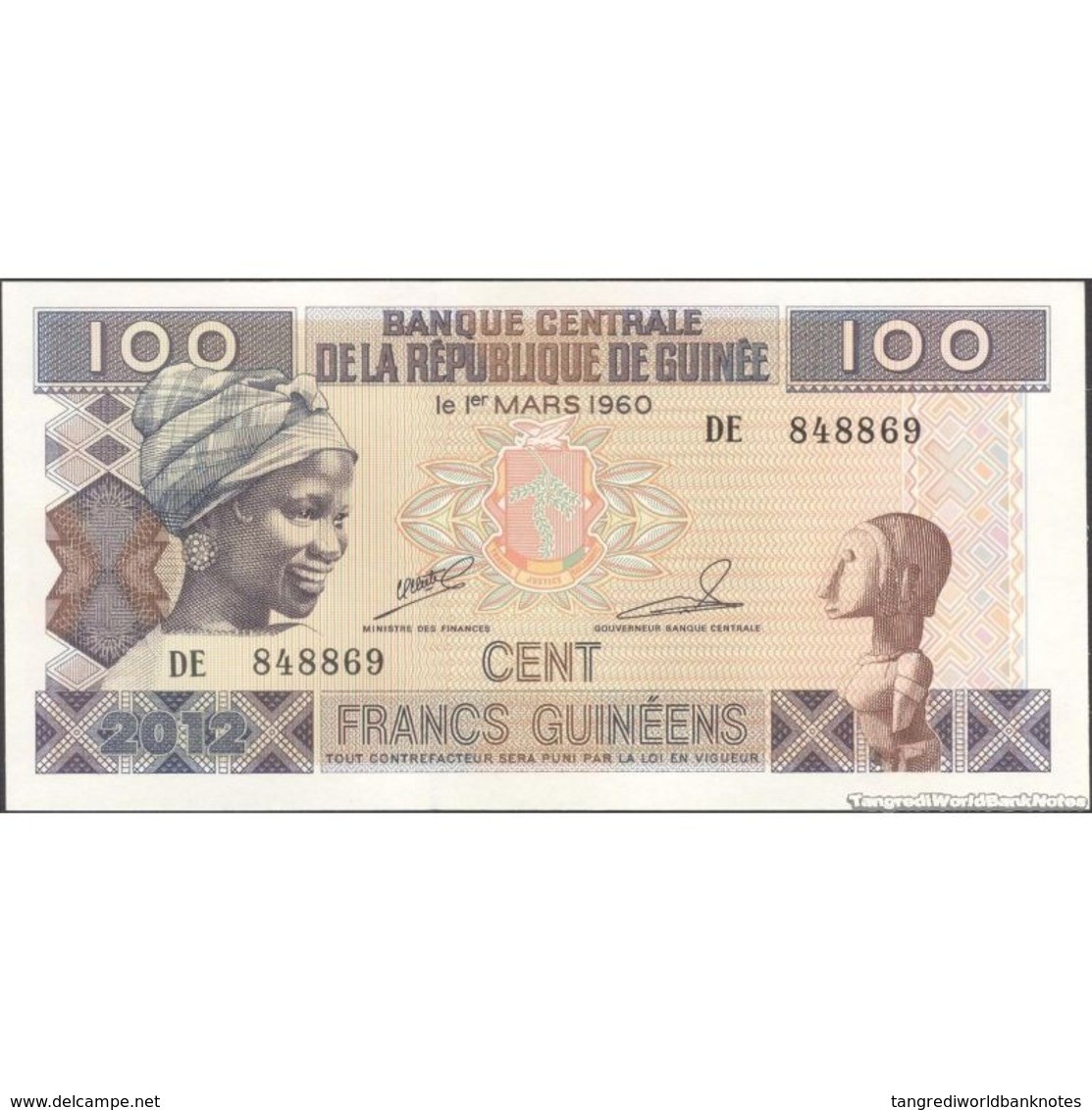 TWN - GUINEA 35b - 100 Francs 2012 Prefix DE UNC - Guinee