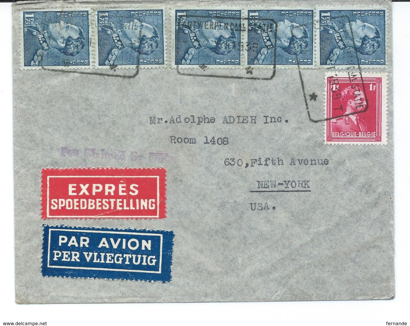 Enveloppe En Expres Avec 5X Nr 430 Et 1X Nr 428 - D'anvers Antwerpen Vers New-york - 1936-1951 Poortman