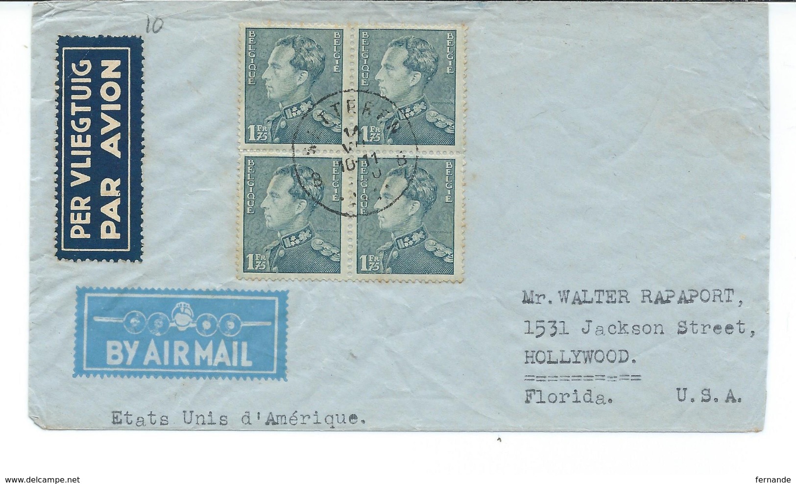 Enveloppe Avec  Nr 430 En Bloc De 4 - De Wetteren Vers Hollywood - 1936-51 Poortman