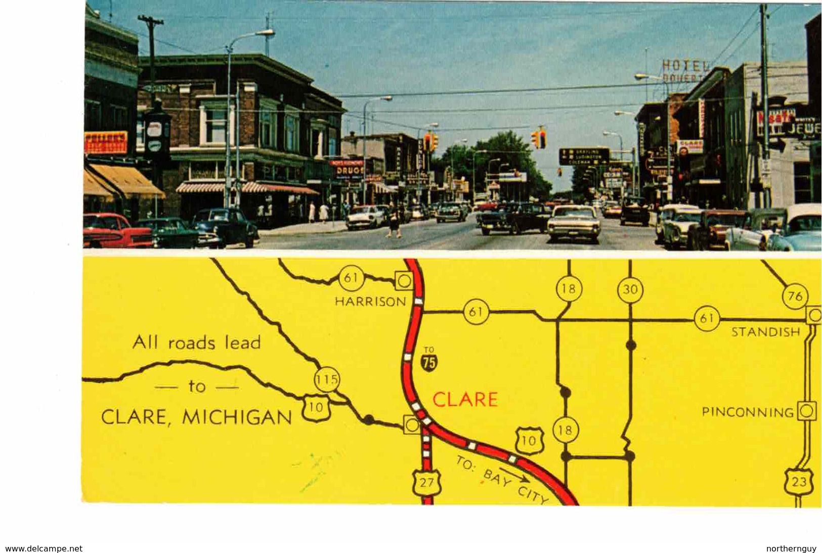 CLAIRE, Michigan, USA, Main Street & Map, 1962  Chrome Postcard - Autres & Non Classés