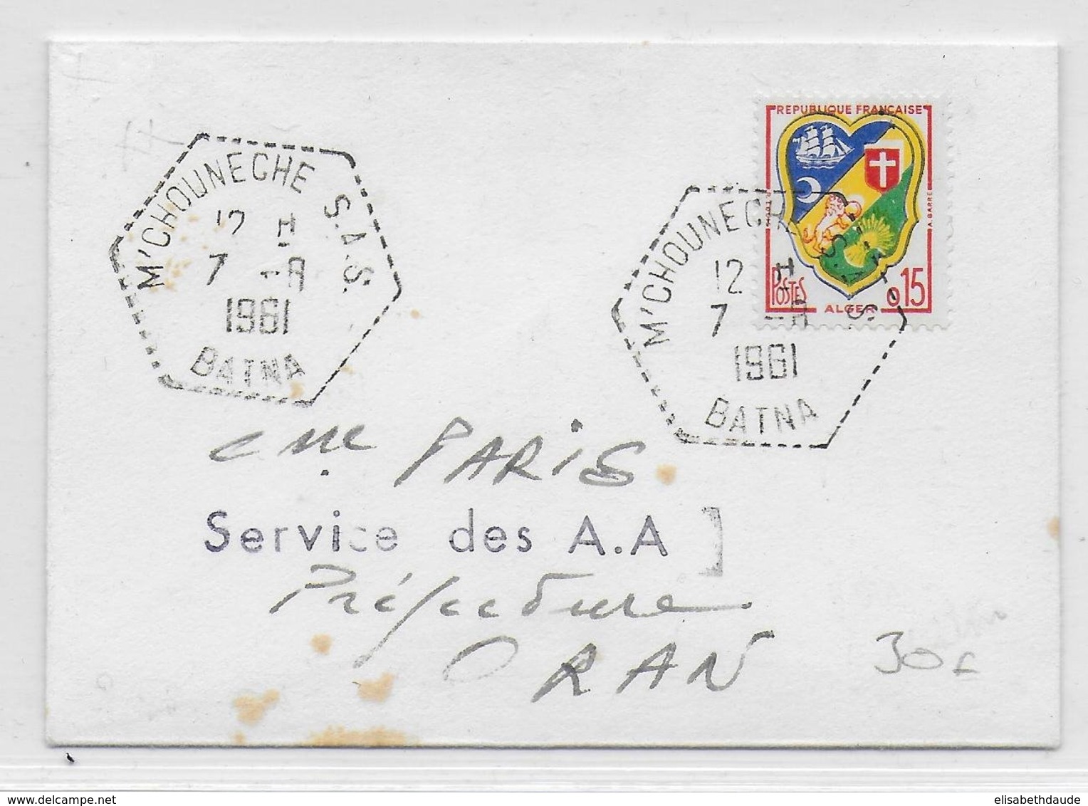 GUERRE D'ALGERIE - 1961 - ENVELOPPE De M'CHOUNECHE S.A.S (BATNA) Avec CACHET HEXAGONAL Des SAS => ORAN - Oorlog In Algerije