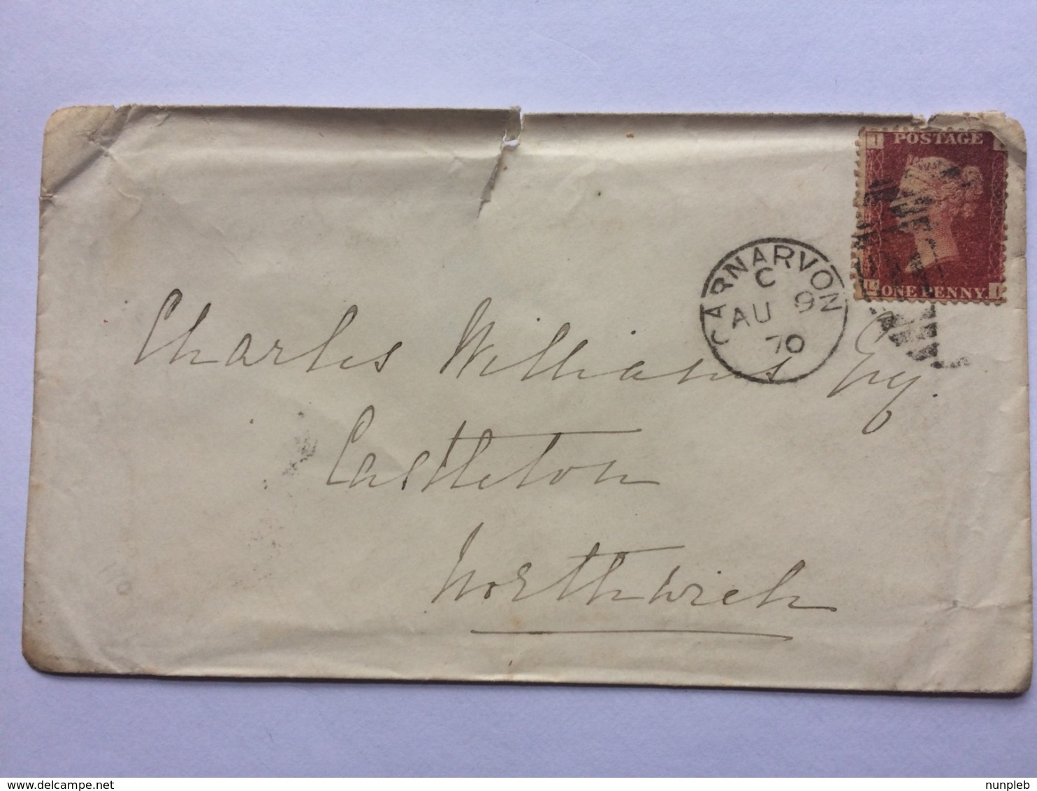 GB Victoria 1870 Cover Carnavon To Northwich Tied With Penny Plate 1d Red Plate 110 - Covers & Documents