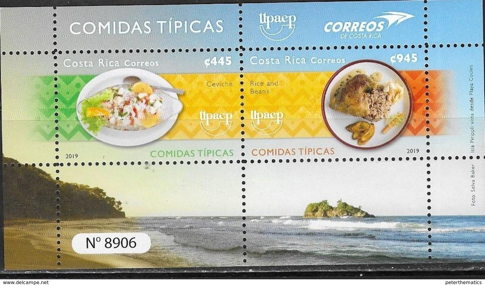 COSTA RICA, 2019, MNH, UPAEP, COSTA RICAN DISHES, CEVICHE, SEAFOOD, BEANS, RICE, SHEETLET - Food