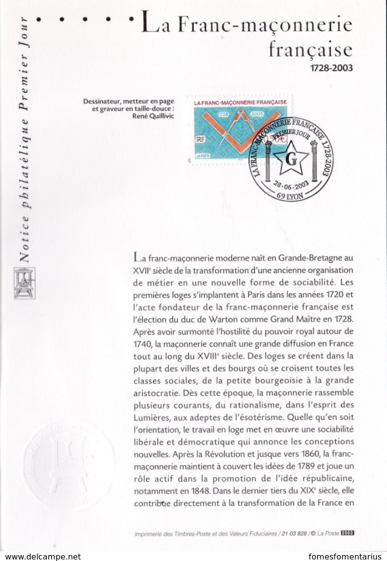 Notice Philatélique Premier Jour, La Franc-Maçonnerie Française,  28 Juin 2003 - Documents De La Poste