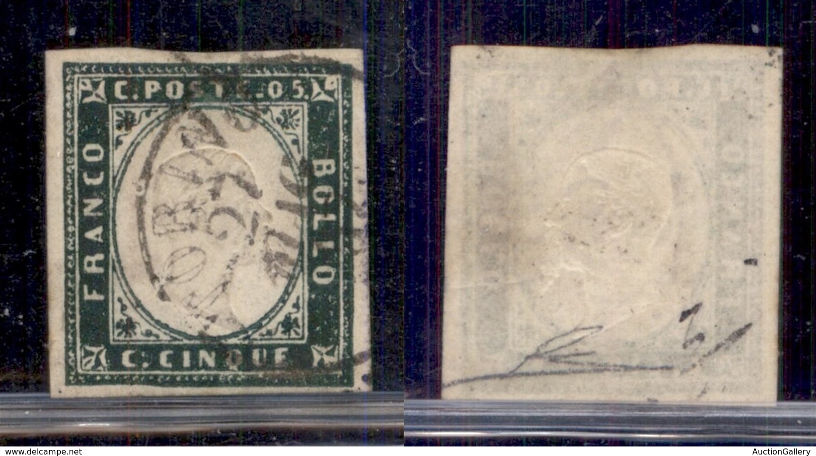 ANTICHI STATI ITALIANI - SARDEGNA - 1857 - 5 Cent (13Ab - Verde Mirto Scuro) - Usato A Torino 27.5.57 - Cert Diena (1400 - Sonstige & Ohne Zuordnung