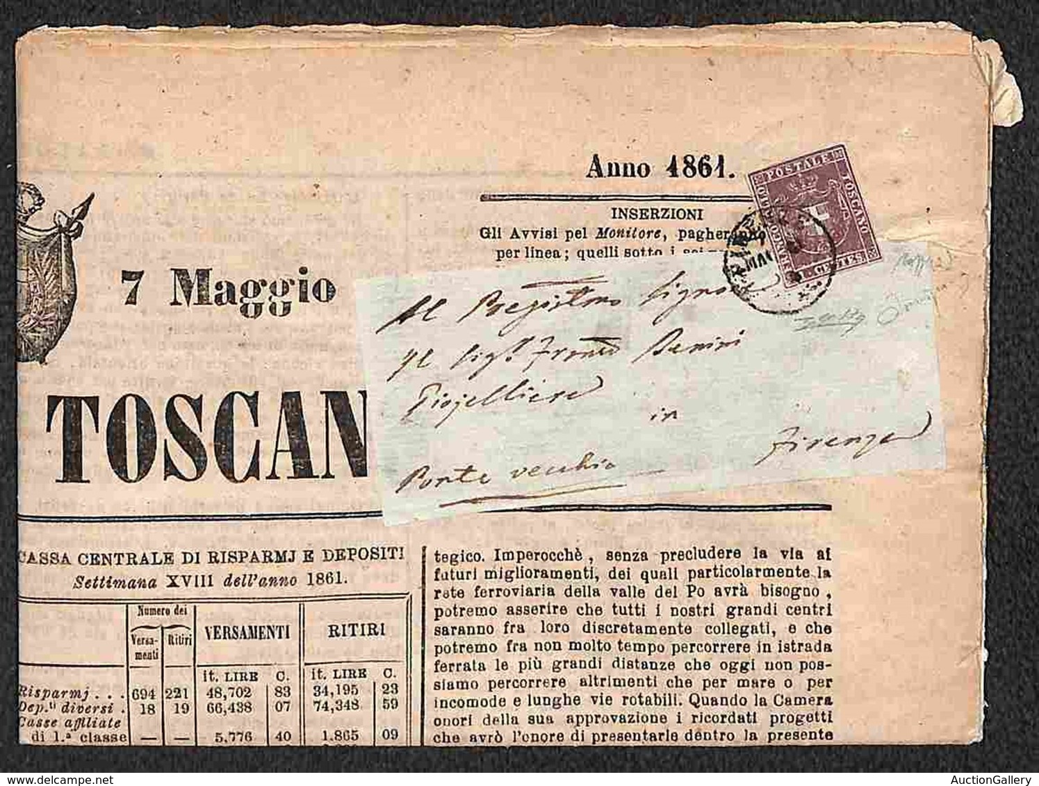 ANTICHI STATI ITALIANI - TOSCANA - 1 Cent (17a - Lilla) Isolato Su Giornale Del 7 Maggio 1861 - Caffaz + Colla (7.875) - Other & Unclassified