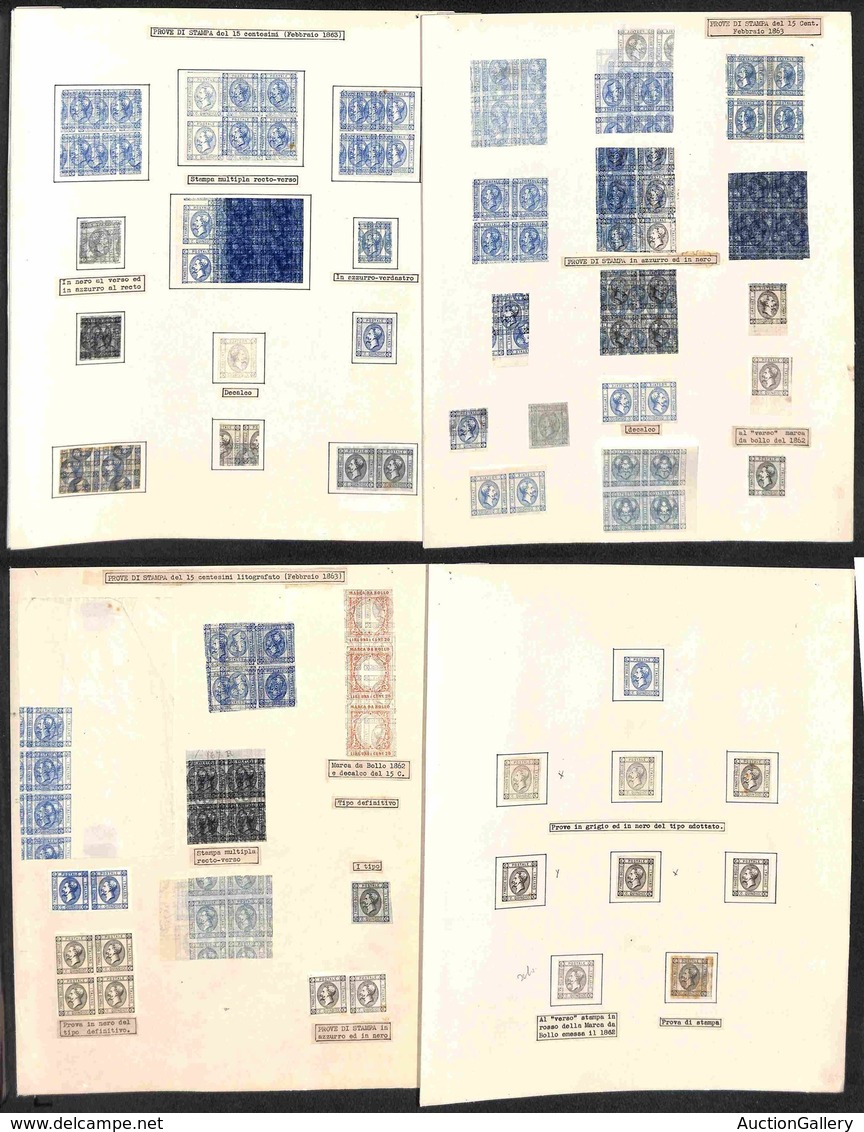 REGNO - 1863 - Prove Di Macchina - 15 Cent Litografico (12) - Collezione Montata Su 4 Fogli Da Esposizione - Insieme Di  - Autres & Non Classés