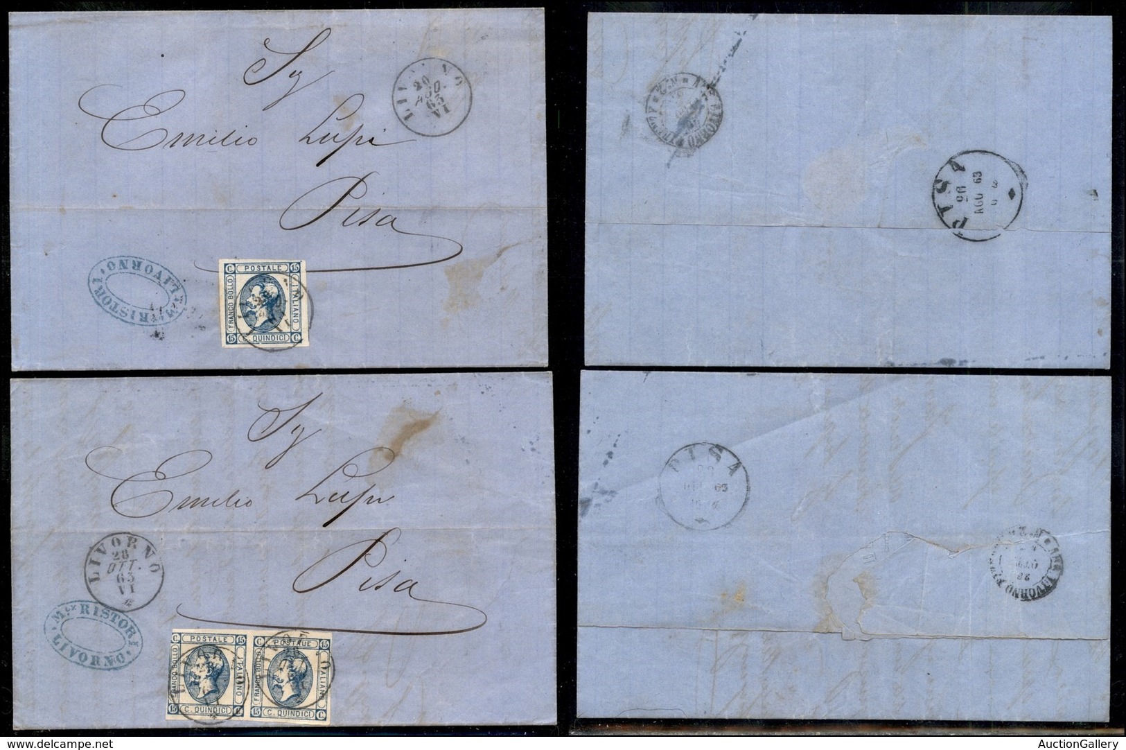 REGNO - 15 Cent Litografico (13) - Due Lettere D'archivio Da Livorno A Pisa Con Affrancature Diverse (13d - 28 Agosto) ( - Other & Unclassified