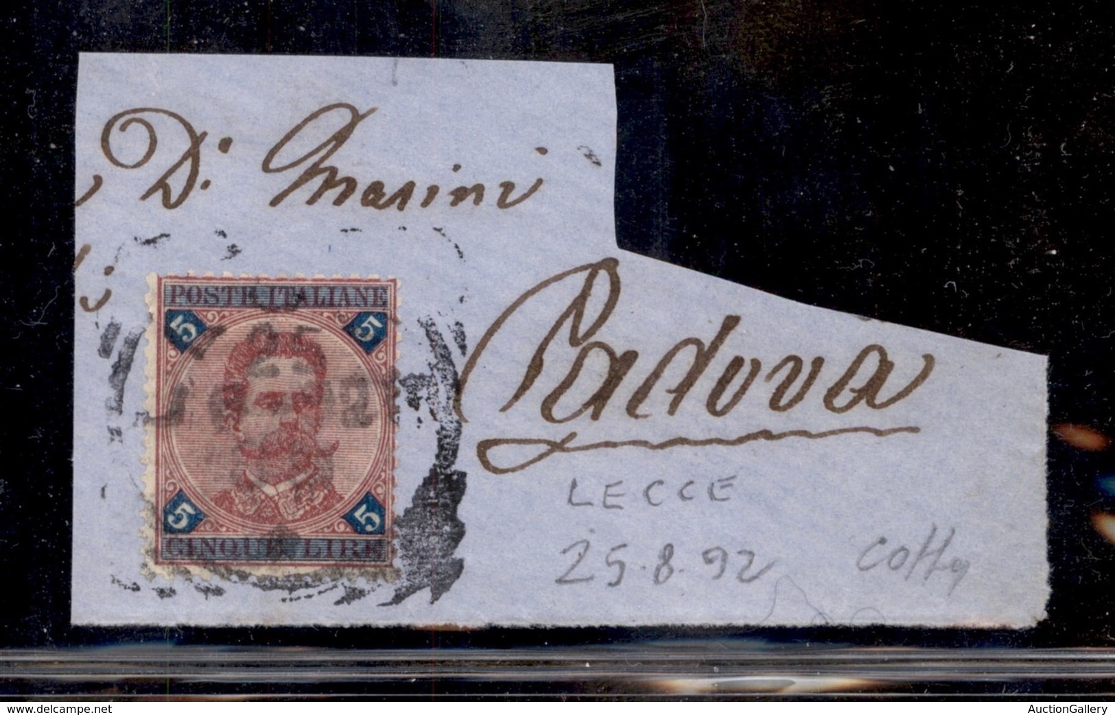 REGNO - 1891 - 5 Lire (64) Su Frammento - Lecce 25.8.92 - Colla (900) - Otros & Sin Clasificación