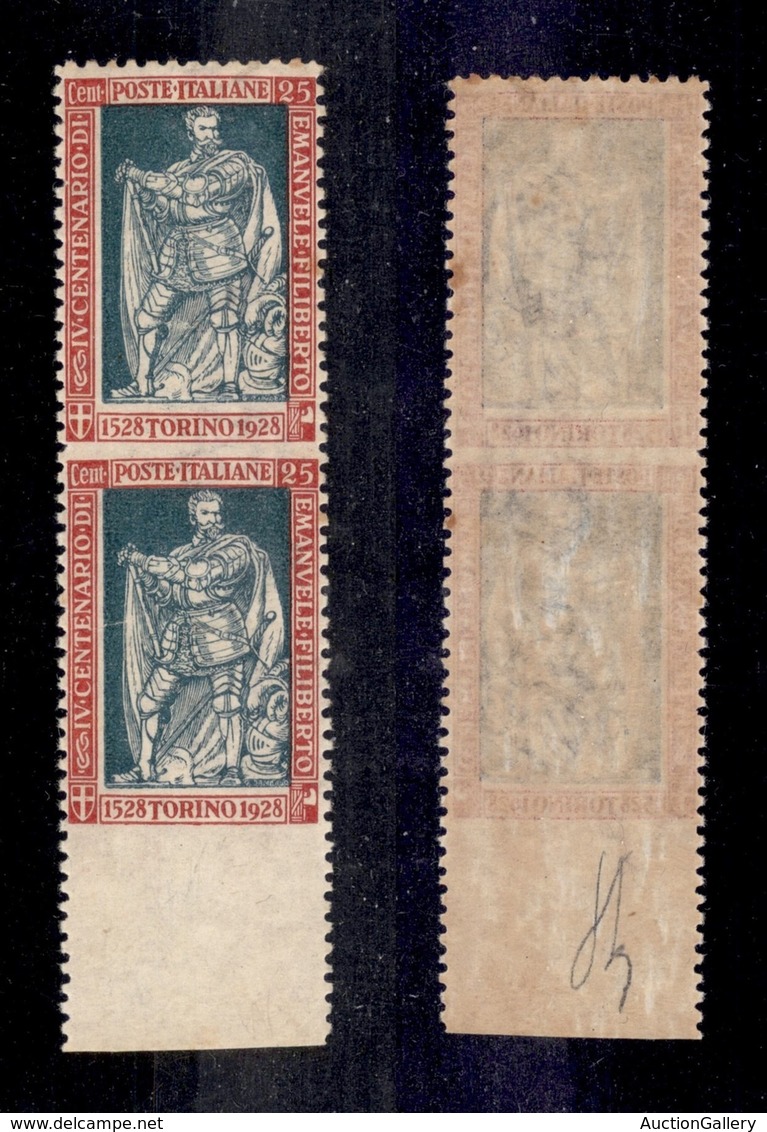 REGNO - 1928 - 25 Cent Filiberto (227o) - Coppia Verticale Bordo Foglio Non Dentellata Al Centro E In Basso - Gomma Inte - Autres & Non Classés