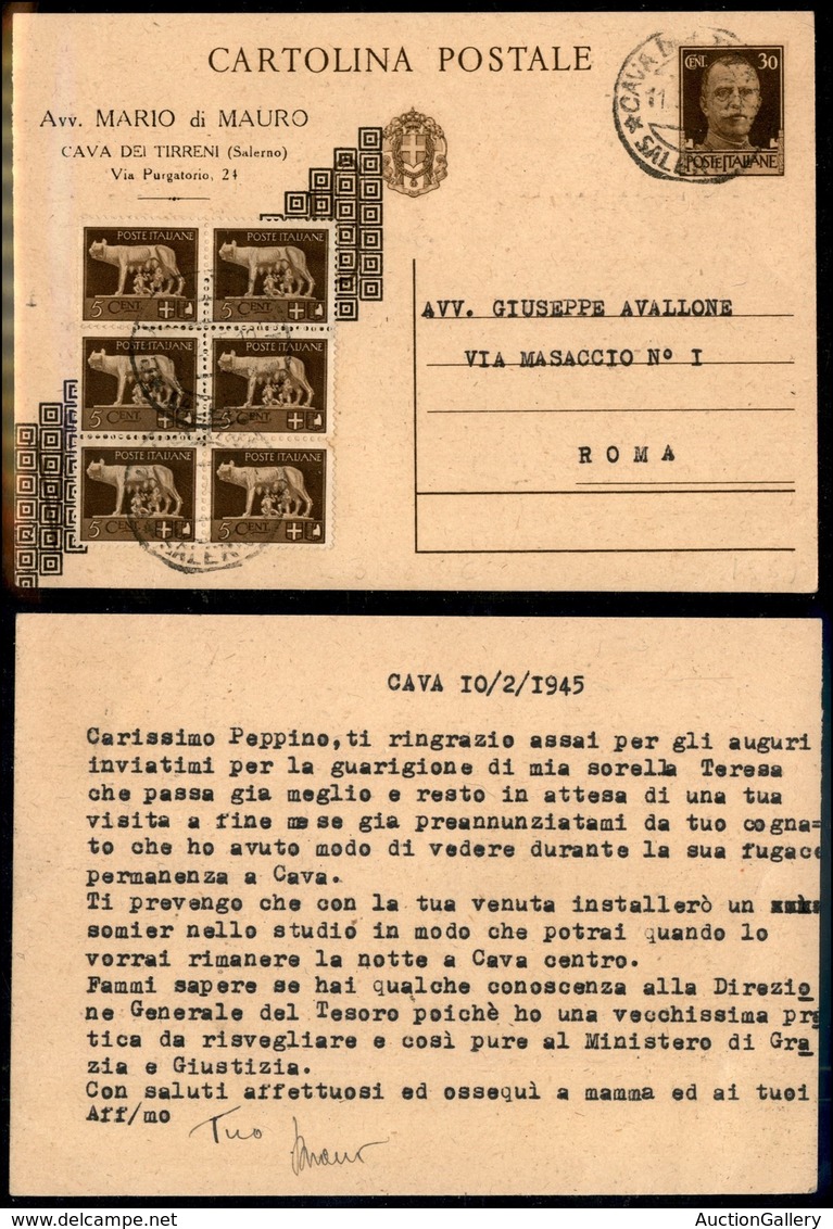 REGNO - Cartolina Postale Da 30 Cent Vinceremo Con Soprastampa Non Ufficiale - Cava Dei Tirreni/Roma 11.2.45 - Other & Unclassified