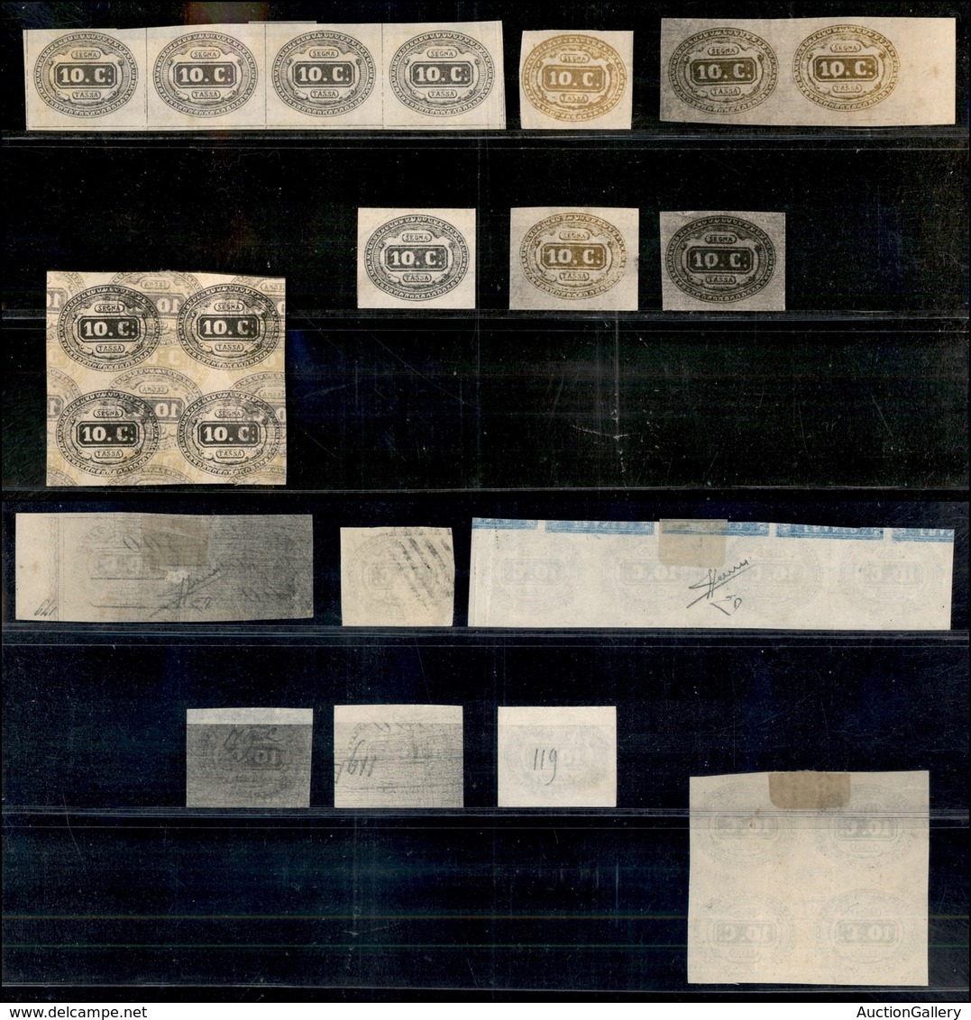 REGNO - Segnatasse - 1863 - Prove Di Stampa - 10 Cent (tipo 1) - Quattro Singoli + Una Coppia + Striscia Di 4 + Quartina - Other & Unclassified