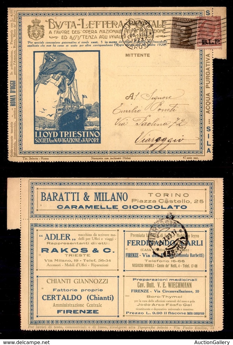 REGNO - B.L.P - 10 Cent (13) + Complementare (84) - Busta Speciale (Nazionale 42) Da Firenze A Viareggio Del 26.8.23 - Autres & Non Classés