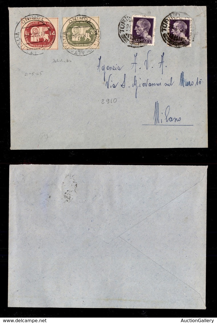 LUOGOTENENZA - COR.AL.IT. - 14 Lire Leone (3) + 28 Lire Leone (4) - Busta Da Torino A Milano Del 21.5.45 Con Due 1 Lira  - Otros & Sin Clasificación