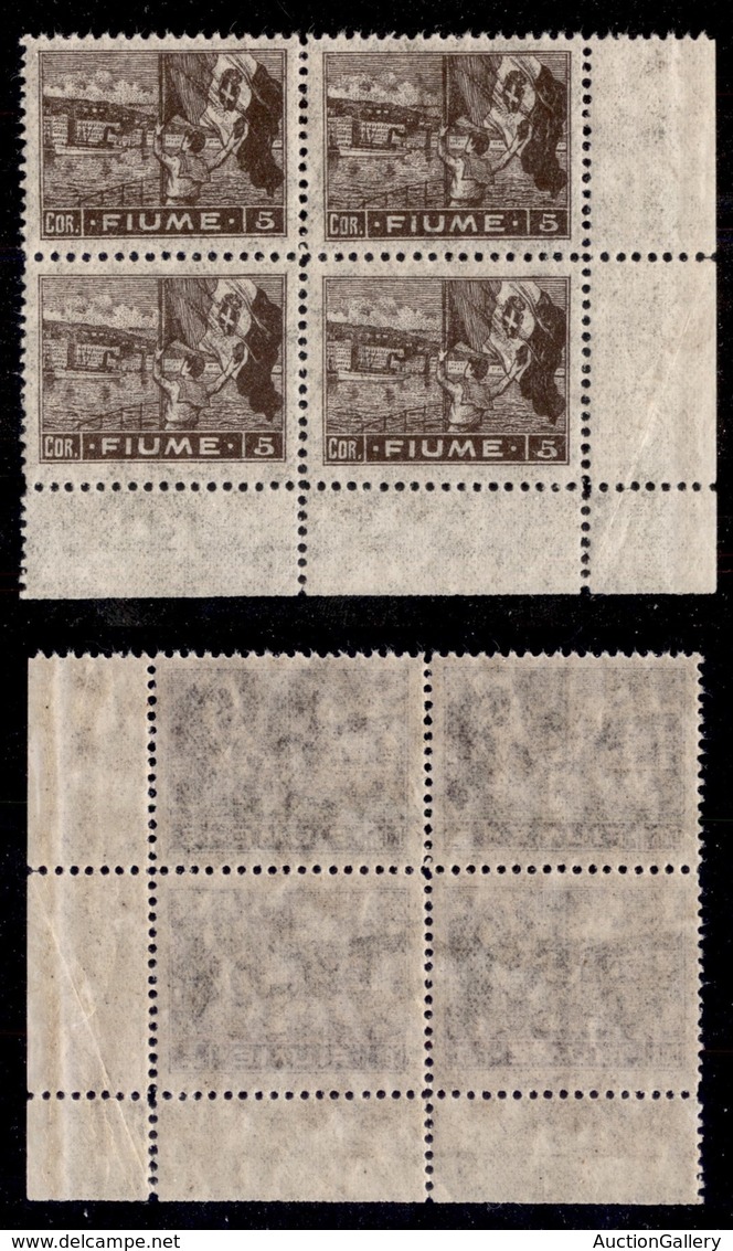 OCCUPAZIONI I GUERRA MONDIALE - FIUME - 1919 - 5 Corone (47-carta B) - Quartina Angolare - Gomma Integra (1.600+) - Other & Unclassified