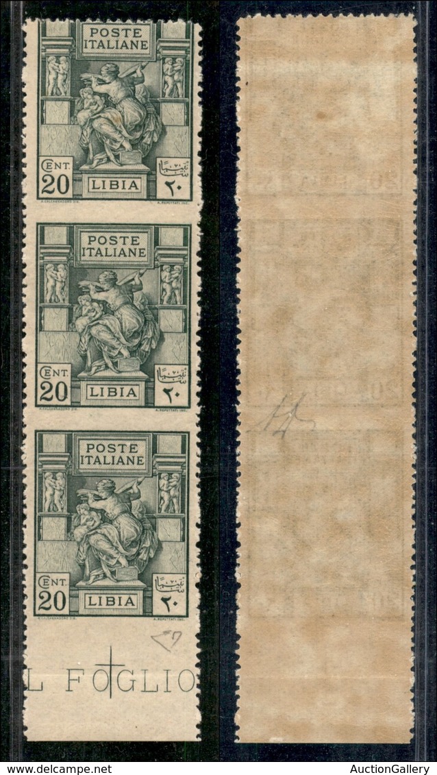 COLONIE - LIBIA - 1924 - 20 Cent Sibilla (40 L) - Striscia Di Tre Bordo Foglio Con Dentellatura Orizzontale Solo In Alto - Other & Unclassified