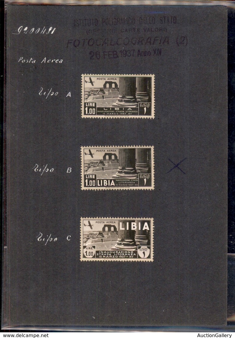 COLONIE - LIBIA - Saggi Posta Aerea - 1937 - 1 Lira (tipo 31) - 3 Bozzetti Fotografici Montati Su Supporti Cartacei Dent - Autres & Non Classés