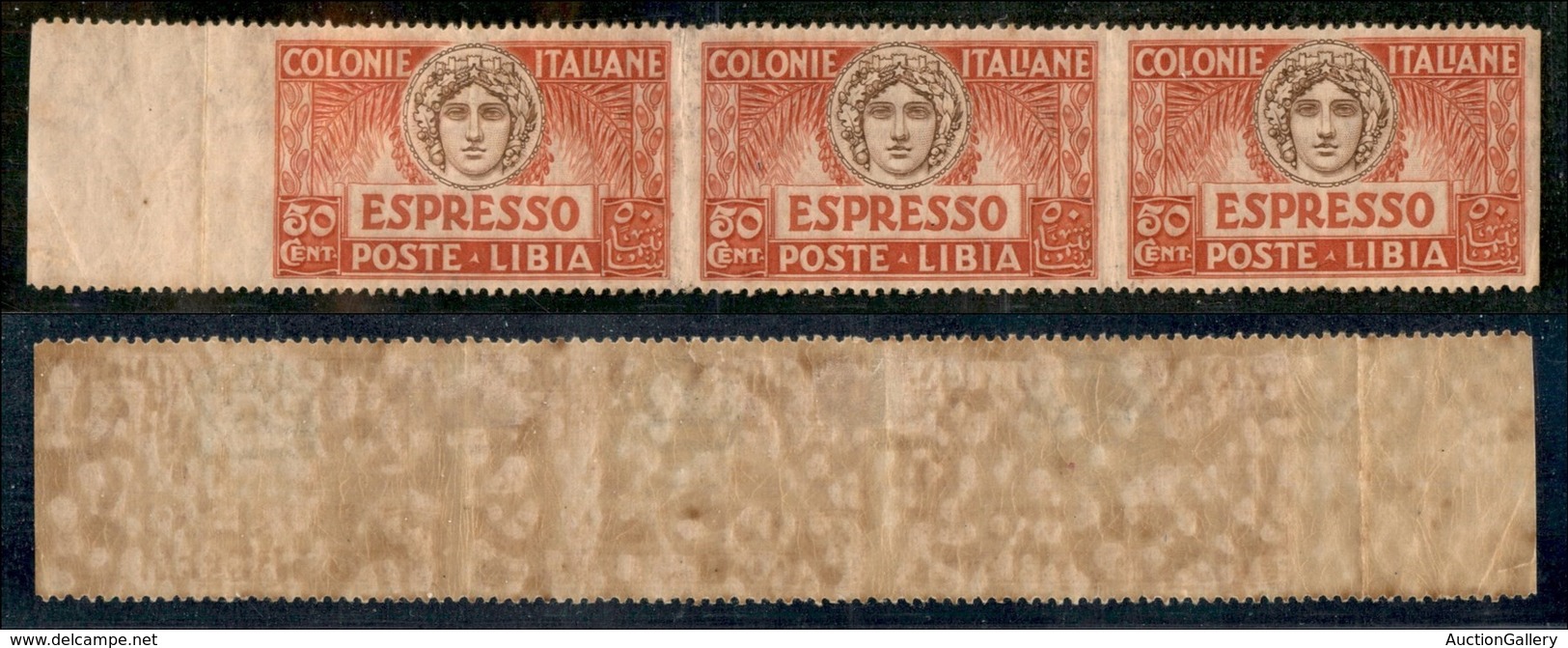 COLONIE - LIBIA - Espressi - 1921 - 50 Cent (4e) - Striscia Di 3 Bordo Foglio Non Dentellata In Verticale - Gomma Origin - Otros & Sin Clasificación