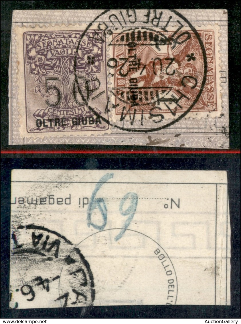 COLONIE - OLTRE GIUBA - Segnatasse Per Vaglia - 1925 - 50 Cent (3) + 1 Lira (4) Usati A Chiusinaio Su Frammento (560+) - Otros & Sin Clasificación