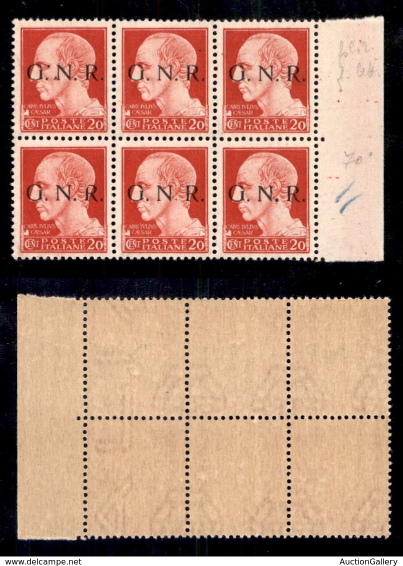 RSI - G.N.R. Brescia - 1943 - 20 Cent (473/I) - Blocco Di 6 Bordo Foglio (pos. 158/170) Con Le Varietà Di Posizione (R S - Autres & Non Classés