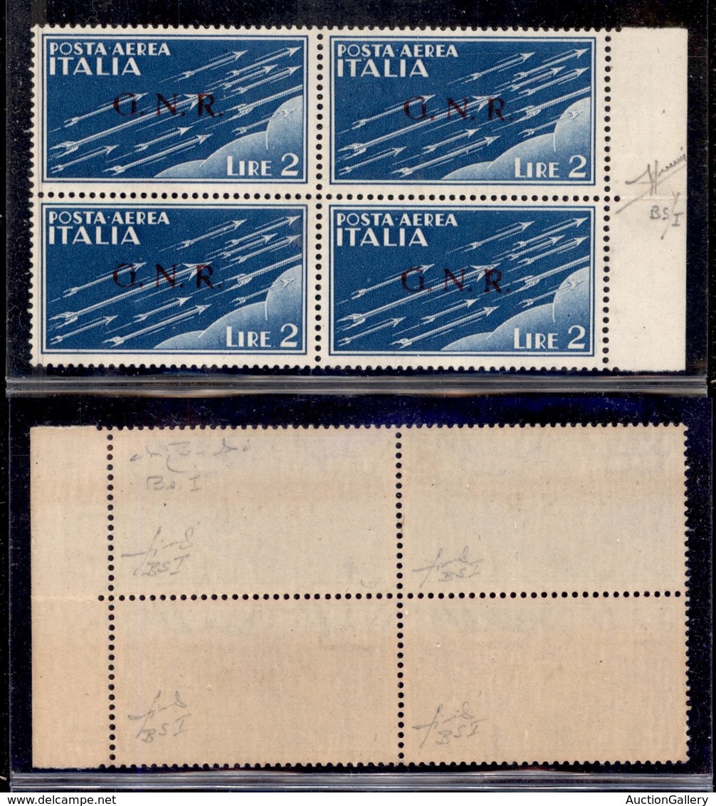 RSI - G.N.R. Brescia - Posta Aerea - 1943 - 2 Lire (122/I) In Quartina - Gomma Integra - Sorani + Cert. Oro Raybaudi + C - Autres & Non Classés