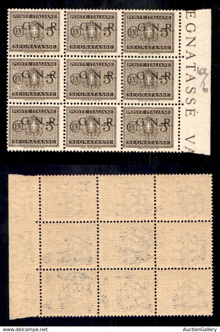 RSI - G.N.R. Brescia - Segnatasse - 1943 - 5 Cent (47/Iaa) - Blocco Di 9 Con Soprastampa In Alto - Posizioni 158/180 Con - Other & Unclassified