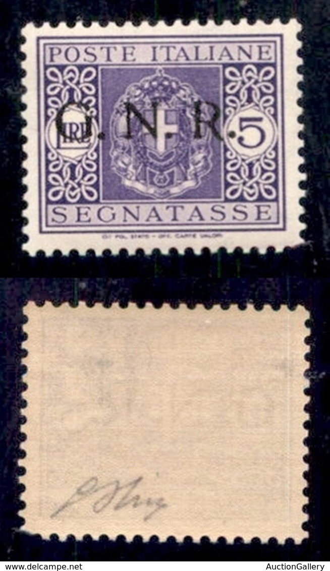 RSI - G.N.R. Verona - Segnatasse - 1944 - 5 Lire (57) - Gomma Integra - Cert. AG (900) - Altri & Non Classificati