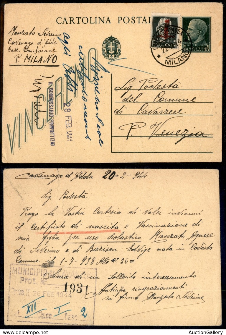 RSI - Saggi - 15 Cent Con Fascio In Rosso (non Catalogato) Su Cartolina Postale Da Convegno Di Venezia Del 22.2.44 - Other & Unclassified