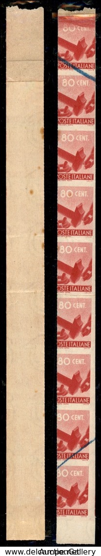 REPUBBLICA - 1945 - 80 Cent (549 Varietà) Non Dentellato - Striscia Verticale Di 9 Ritagliata Con Le Forbici - 2 Tratti  - Autres & Non Classés