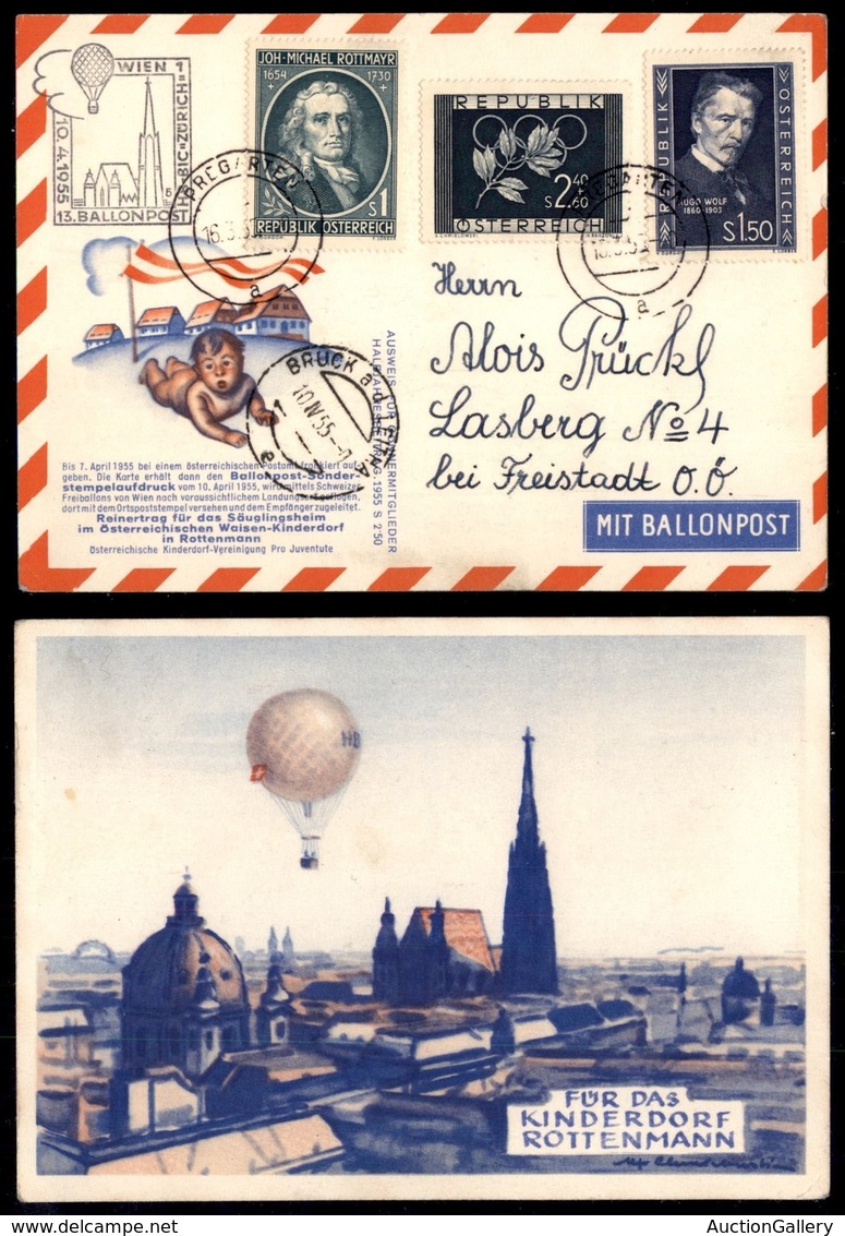 EUROPA - AUSTRIA - 13. BallonPost Wien 1 - Cartolina Illustrata Affrancata (969+981+1007) Da Pregarten Del 16.3.55 - Autres & Non Classés