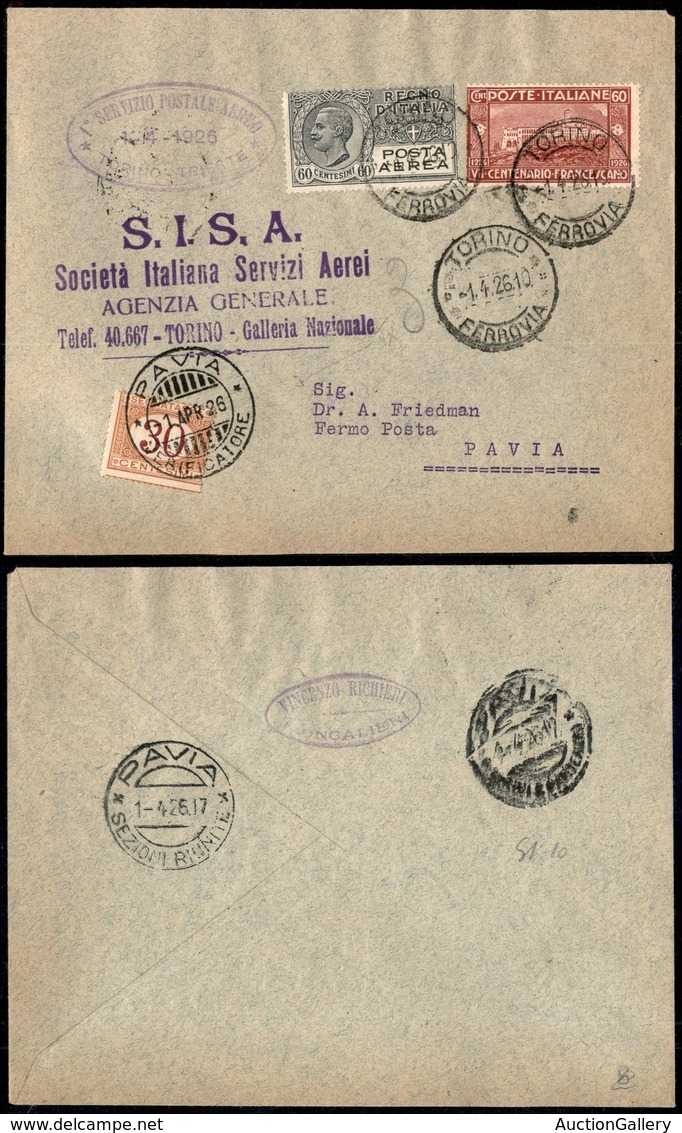 ITALIA - AEROGRAMMI - 1926 (1 Aprile) - Torino Pavia - Longhi 1438 - 115 Volati - Otros & Sin Clasificación