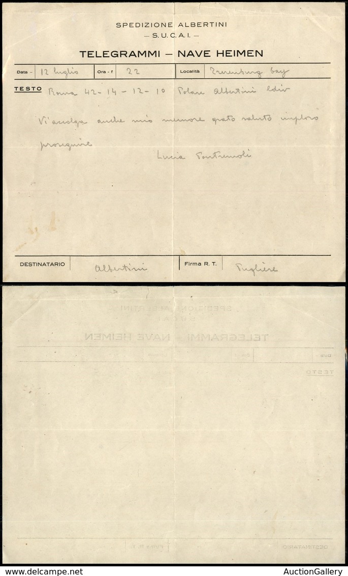 ITALIA - AEROGRAMMI - 1929 (12 Luglio) - Telegramma Trascritto In Arrivo Alla Nave Heimen Dal Radiotelegrafista Pugliese - Other & Unclassified