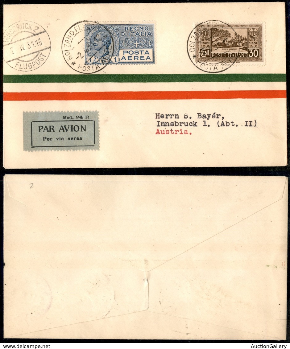 ITALIA - AEROGRAMMI - 1931 (2 Aprile) - Bolzano Innsbruck - Longhi 2345 - 9 Volati - Autres & Non Classés