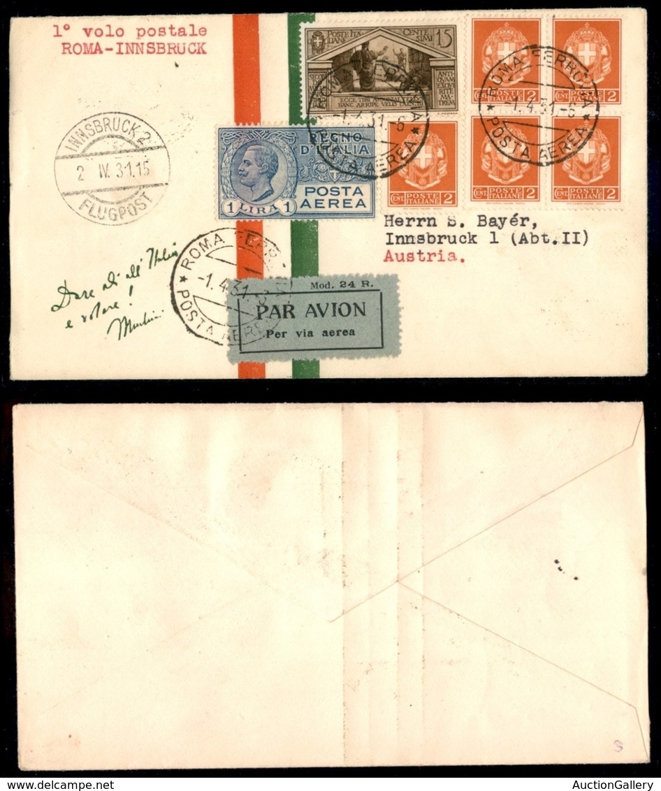 ITALIA - AEROGRAMMI - 1931 (2 Aprile) - Roma Innsbruck - Longhi 2348 - 8 Volati - Other & Unclassified