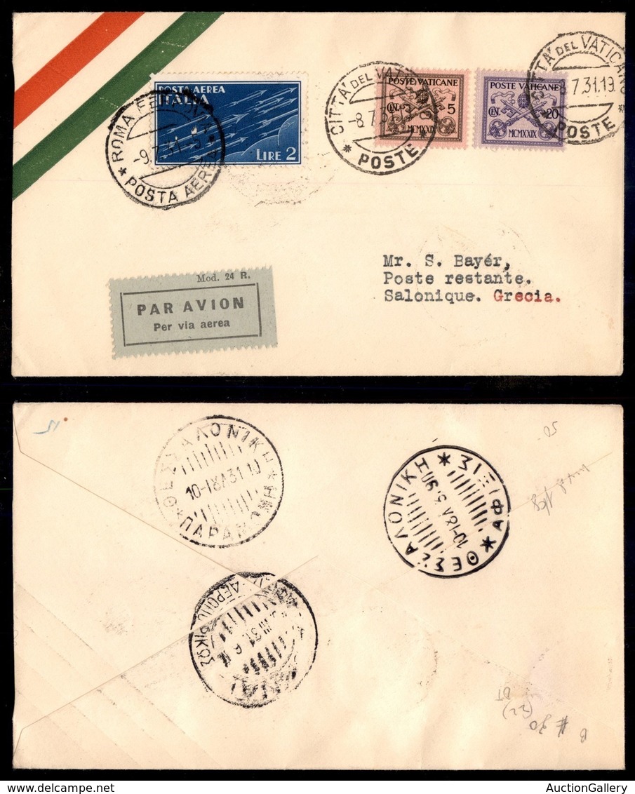 ITALIA - AEROGRAMMI - 1931 (9 Luglio) - Vaticano Roma Salonicco - Longhi 2442 - 14 Volati - Autres & Non Classés