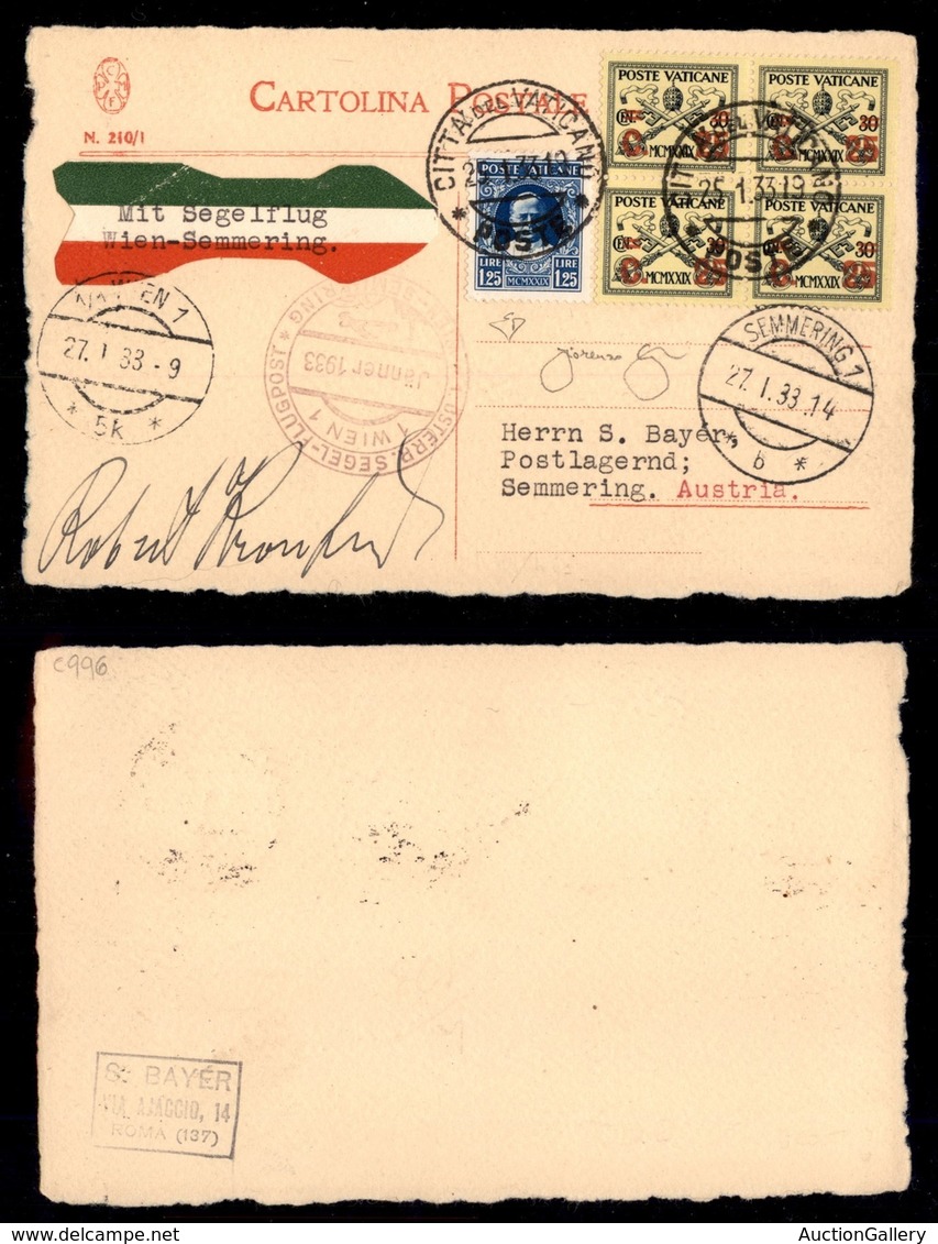 ITALIA - AEROGRAMMI - 1933 (27 Gennaio) - Vatricano Vienna Semmering - Longhi 2783 - Cartolina Raccomandata Con Autograf - Other & Unclassified