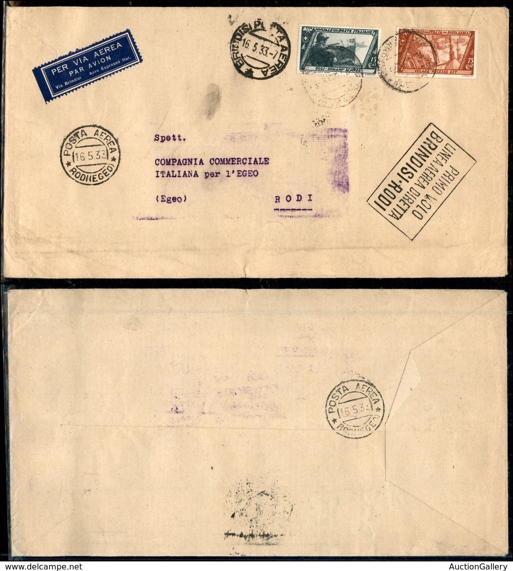 ITALIA - AEROGRAMMI - 1933 (16 Maggio) - Brindisi Rodi - Longhi 2824 - Other & Unclassified