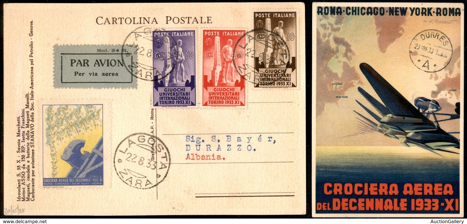 ITALIA - AEROGRAMMI - 1933 (22 Agosto) - Lagosta Durazzo - Longhi 3048 - 38 Volati - Other & Unclassified