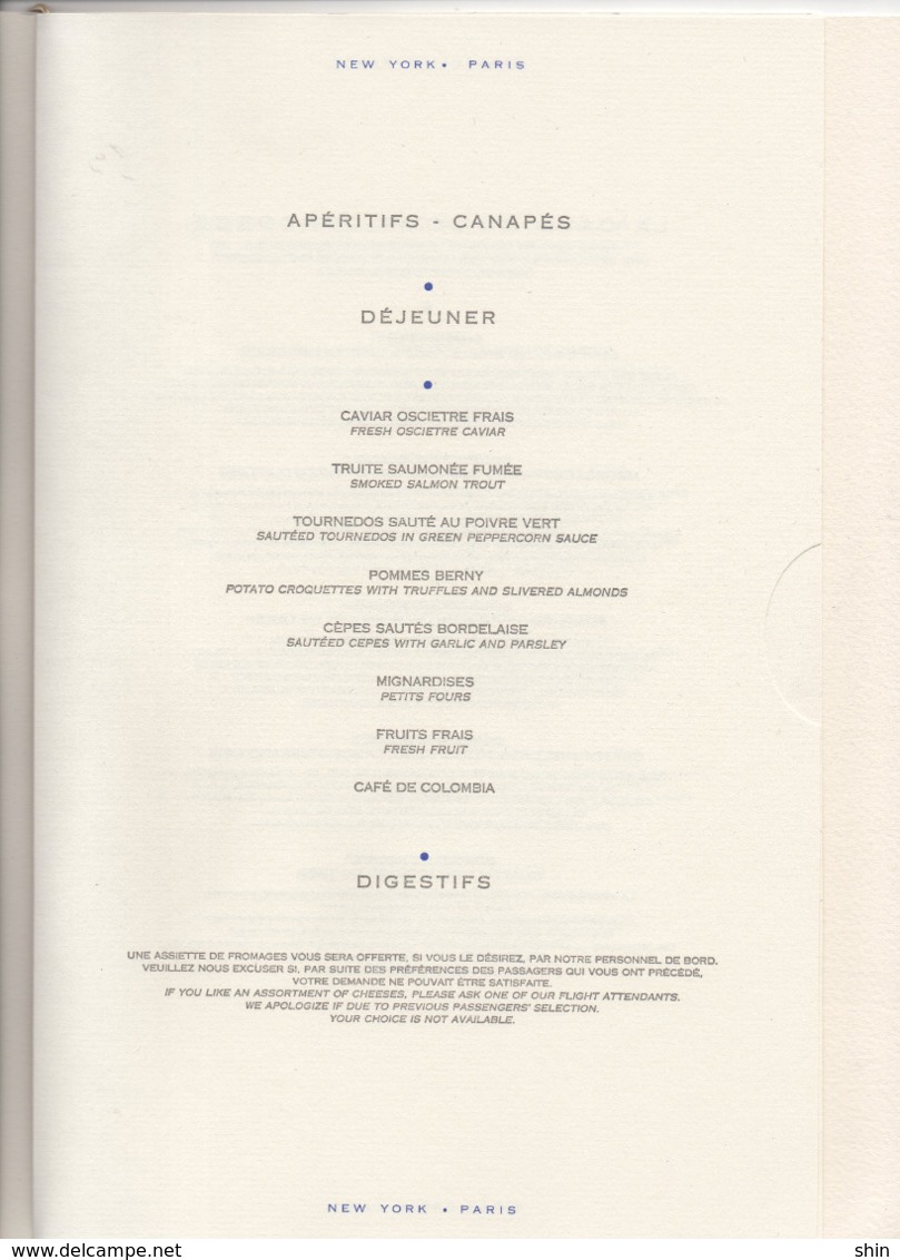 CONCORDE Menu New York - Paris - Menus