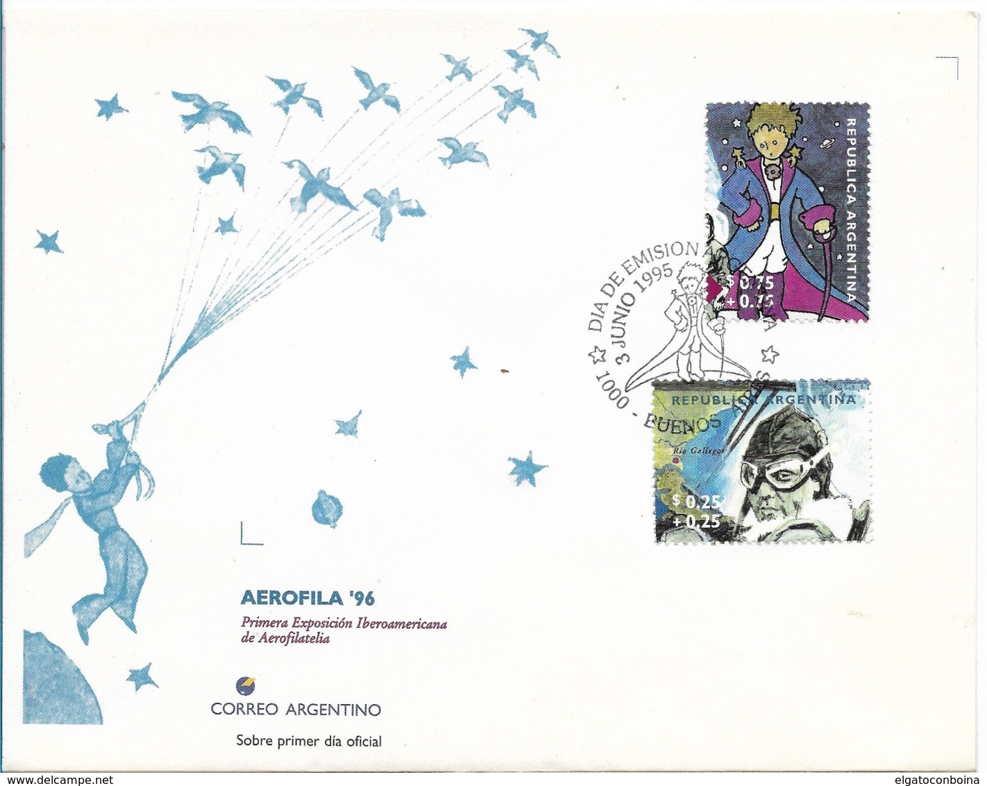 ARGENTINA 1995 AEROFILA 96 FDC  SAINT EXUPERY AVIATION "PRINCIPITO" 2 VALUES ON FIRST DAY COVER - FDC