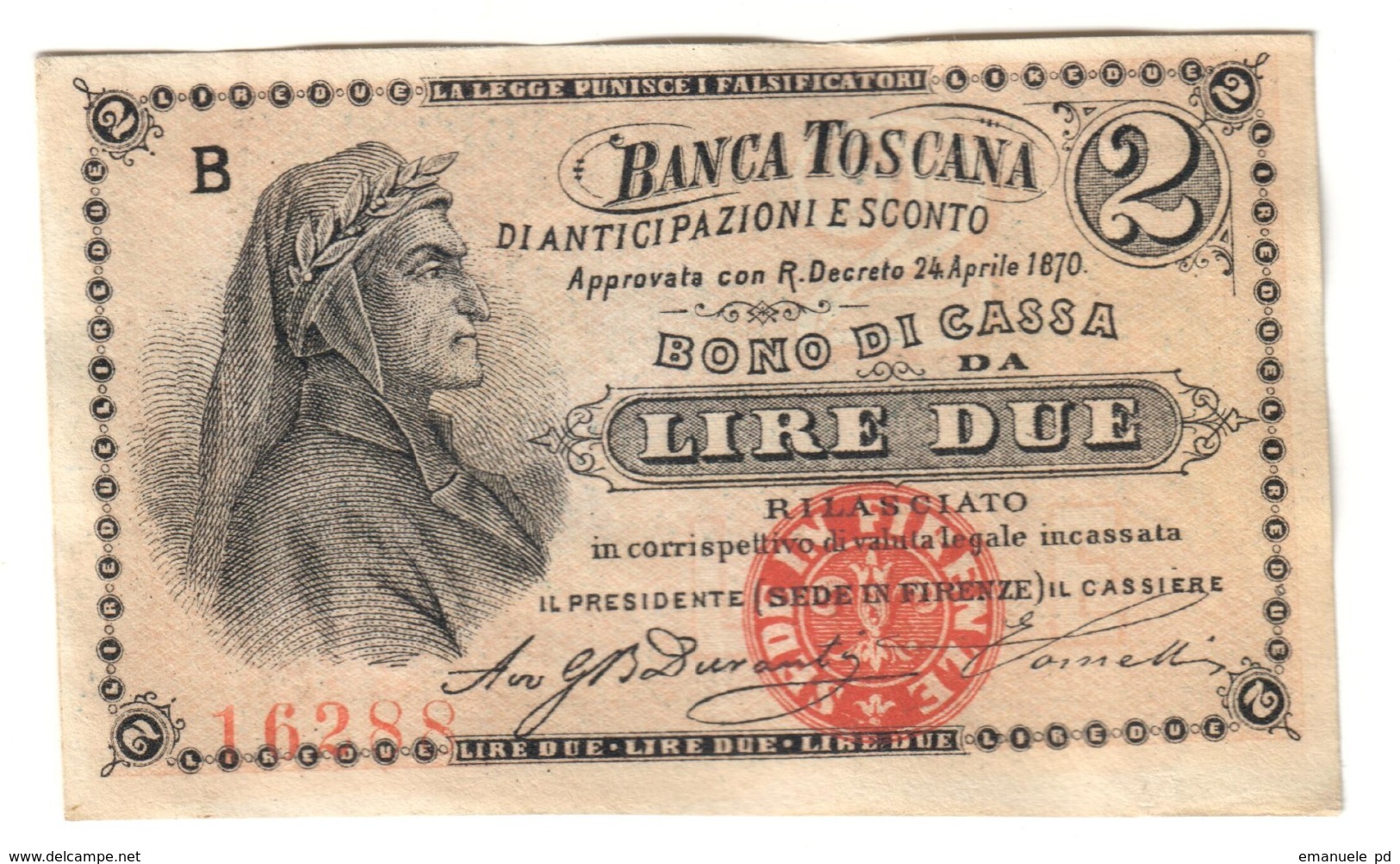 Italy Banca Toscana (Tuscany - Florence) 2 Lire 1870 AUNC / SUP - Altri & Non Classificati