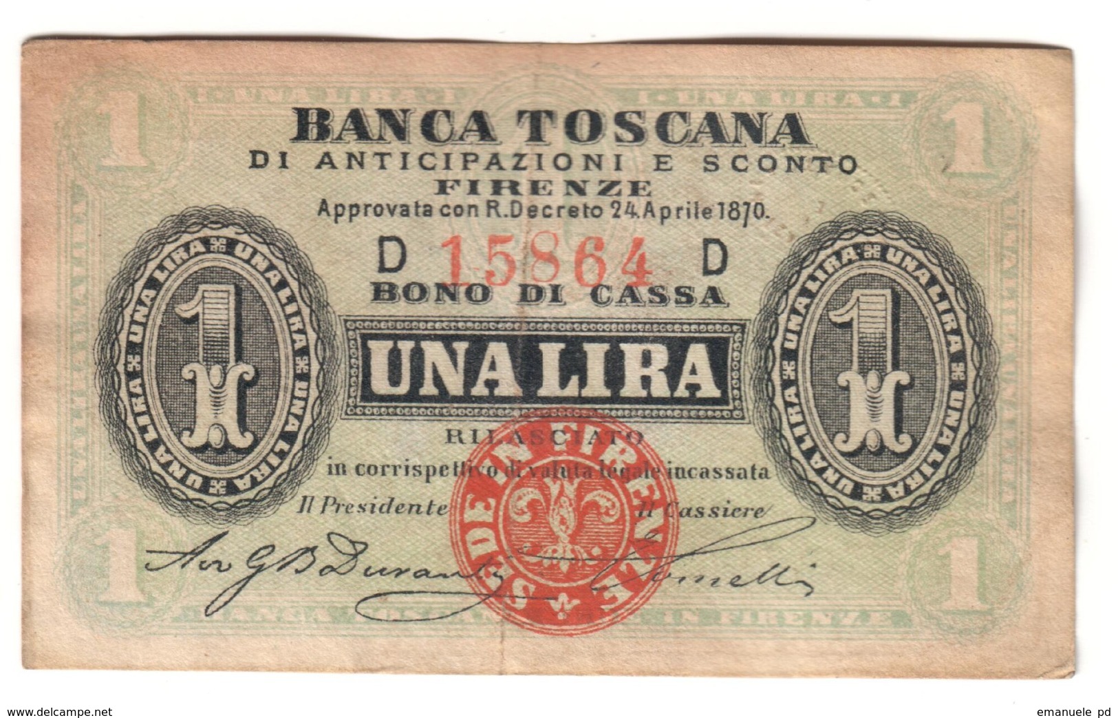 Italy Banca Toscana (Tuscany - Florence) 1 Lira 1870 - Altri & Non Classificati