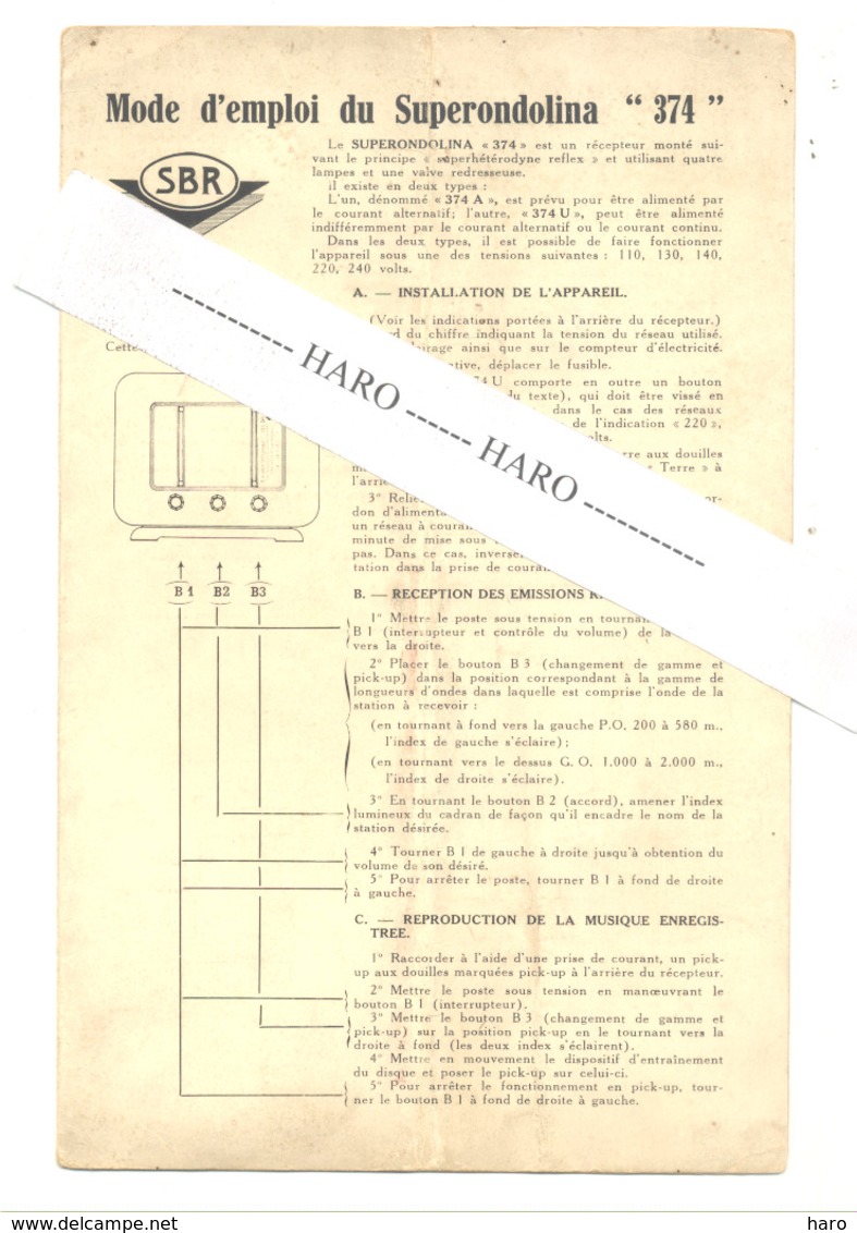 Mode D'emploi Bilingue ( FR/NL ) De La Radio  SBR "374 " ( 2 Volets ) +/- 1960 ??(b263) - Literature & Schemes