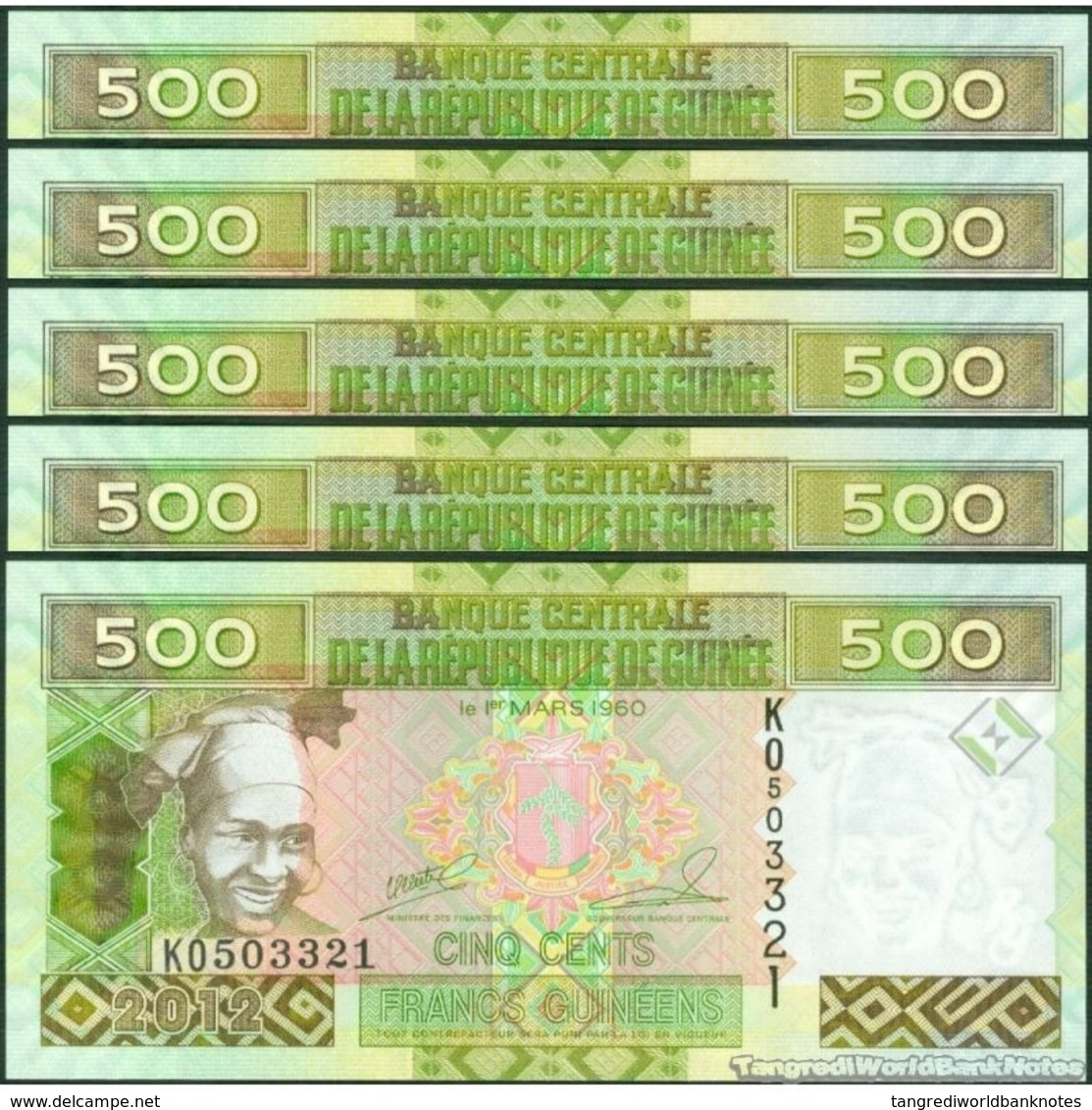 TWN - GUINEA 39b - 500 Francs 2012 DEALERS LOT X 5 - Prefix KO UNC - Guinea